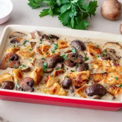 Pyszny kurczak z pieczarkami w kremowym sosie, posypany natką pietruszki, w czerwonej naczyniu żaroodpornym.