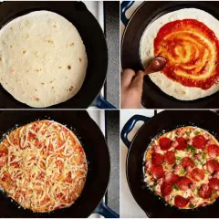 Szybkie przygotowanie pizzy z tortilli: rozsmarowywanie sosu, posypywanie serem i dodawanie ulubionych dodatków, jak salami i papryka.
