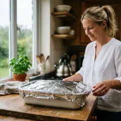 Kobieta w kuchni przygotowuje potrawę przykrytą folią aluminiową. Za oknem deszcz.