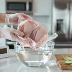 Ręce w rękawiczkach zanurzają zapakowane mięso w wodzie, pokazując, jak szybko rozmrozić mięso. Obok miski znajduje się minutnik.