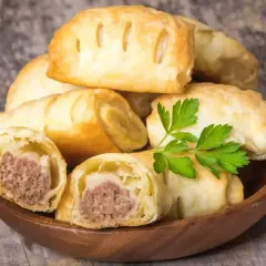 Stos pieczonego ciasta francuskiego z kiełbasą w środku, ozdobione natką pietruszki.