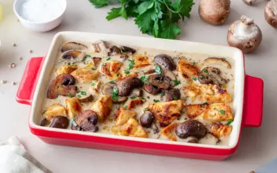 Pyszny kurczak z pieczarkami w kremowym sosie, posypany natką pietruszki, w czerwonej naczyniu żaroodpornym.