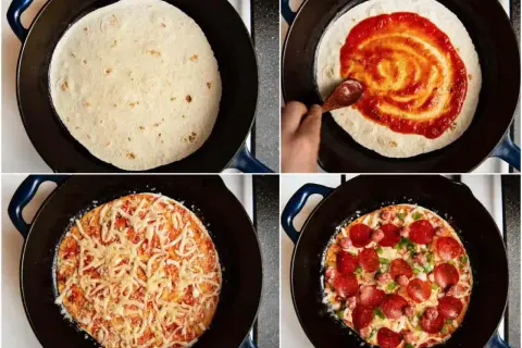 Szybkie przygotowanie pizzy z tortilli: rozsmarowywanie sosu, posypywanie serem i dodawanie ulubionych dodatków, jak salami i papryka.