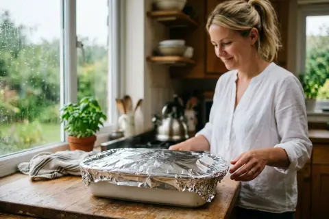 Kobieta w kuchni przygotowuje potrawę przykrytą folią aluminiową. Za oknem deszcz.