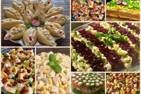 Wiele pysznych sałatek na święta: faszerowane muszle, tortellini, sałatka z buraków, makaronowa, warstwowa z grzybami i owocowa.