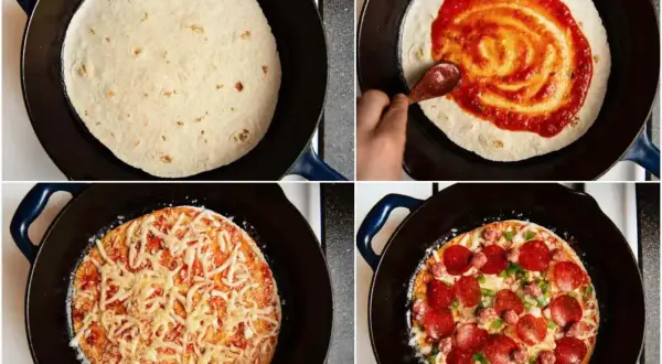 Szybkie przygotowanie pizzy z tortilli: rozsmarowywanie sosu, posypywanie serem i dodawanie ulubionych dodatków, jak salami i papryka.
