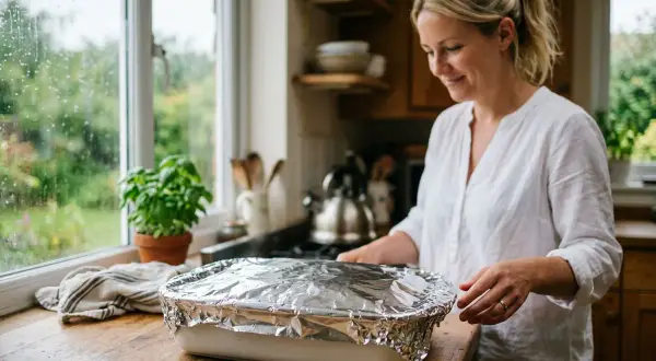 Kobieta w kuchni przygotowuje potrawę przykrytą folią aluminiową. Za oknem deszcz.