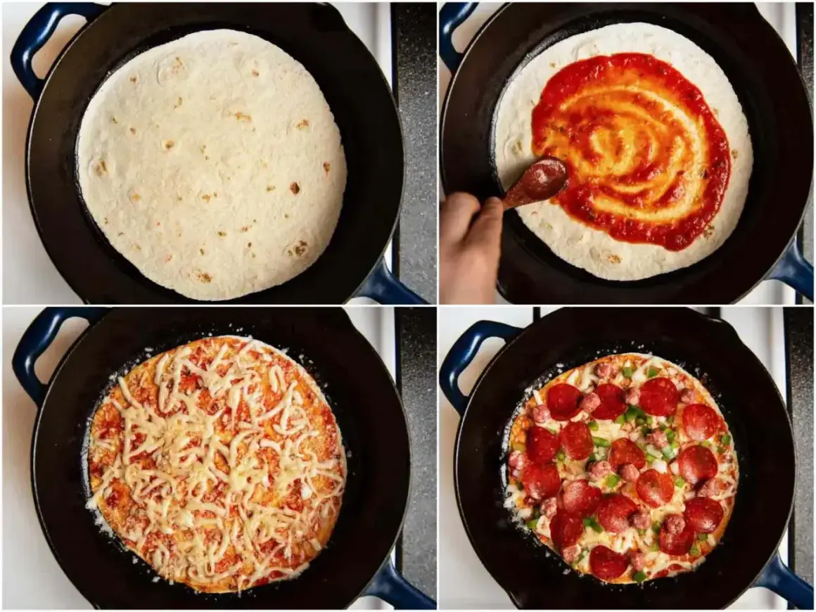 Szybkie przygotowanie pizzy z tortilli: rozsmarowywanie sosu, posypywanie serem i dodawanie ulubionych dodatków, jak salami i papryka.