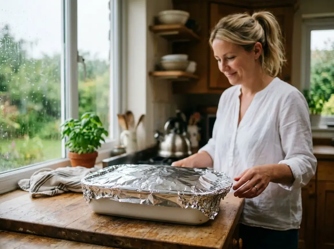 Kobieta w kuchni przygotowuje potrawę przykrytą folią aluminiową. Za oknem deszcz.