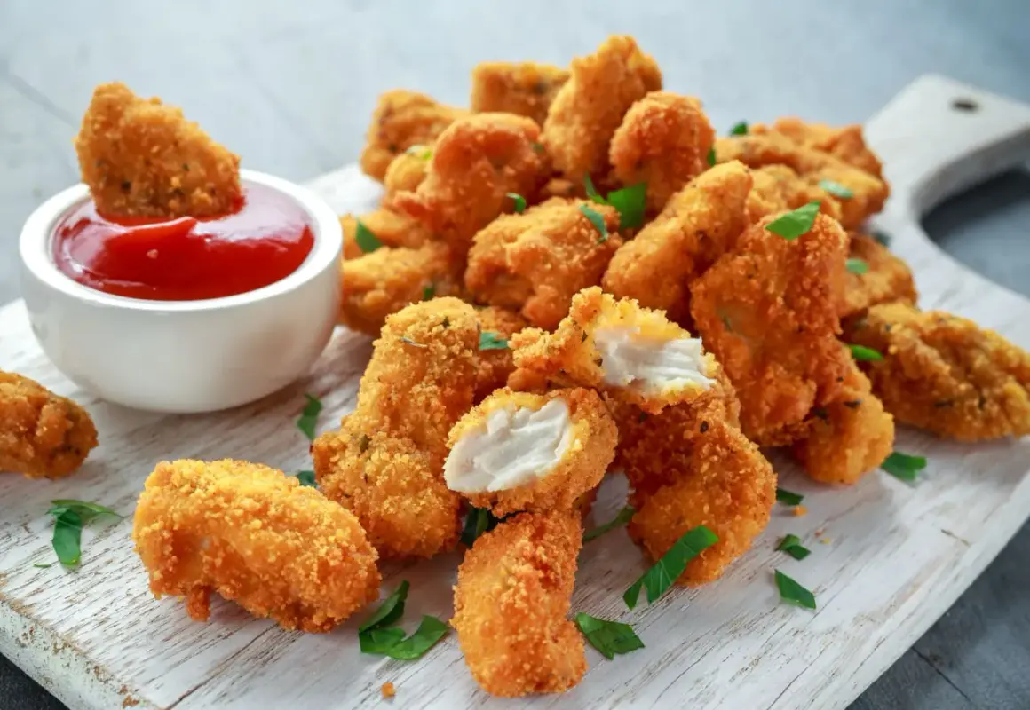 Chrupiący kurczak w panko, idealny do maczania w keczupie. Soczyste kawałki mięsa w złocistej panierce.