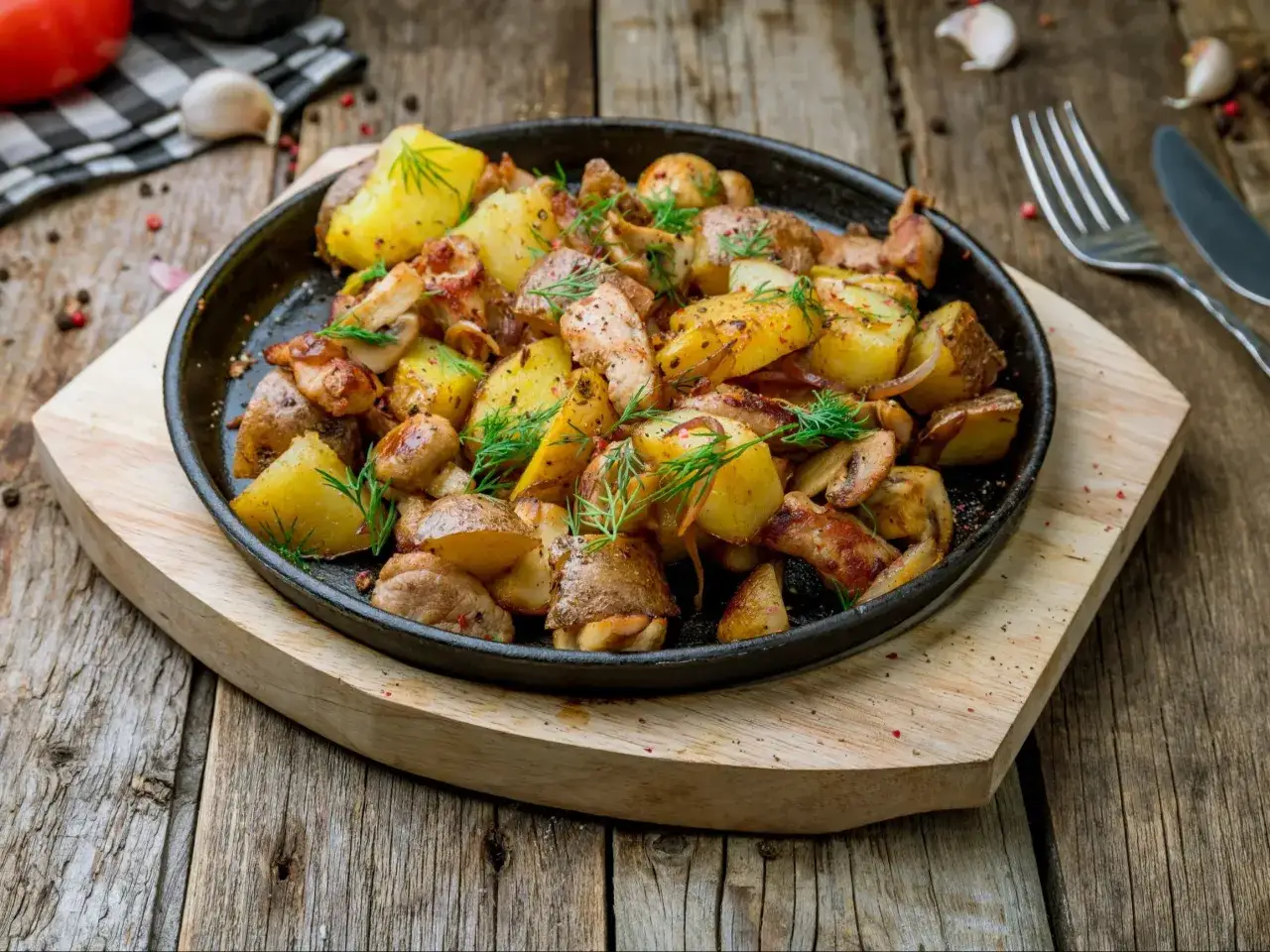 Gorący kurczak z pieczarkami i ziemniakami, podany na żeliwnej patelni, ozdobiony koperkiem.