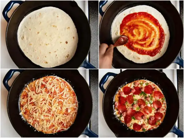 Szybkie przygotowanie pizzy z tortilli: rozsmarowywanie sosu, posypywanie serem i dodawanie ulubionych dodatków, jak salami i papryka.